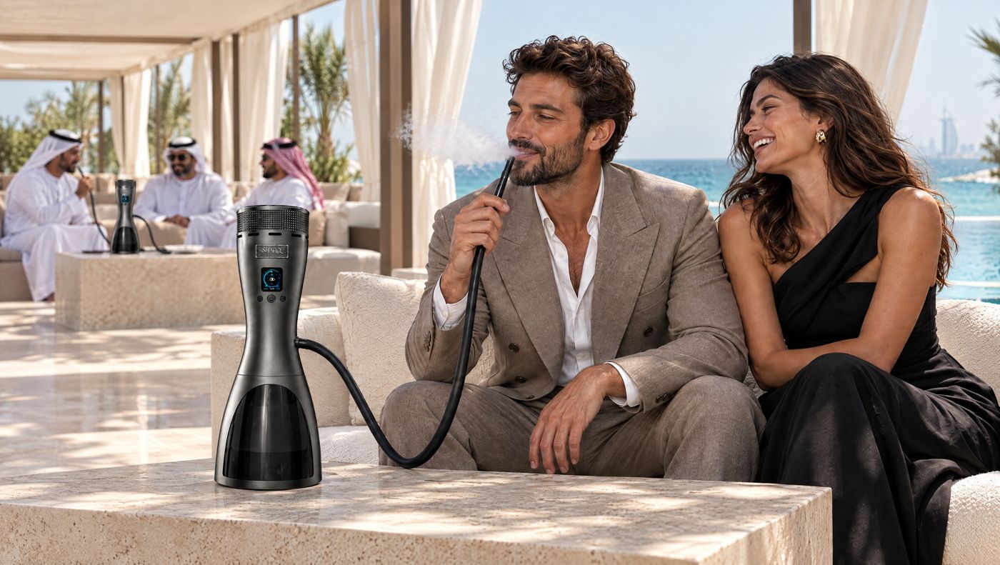 Couple using SHARQ at a beach club cabana