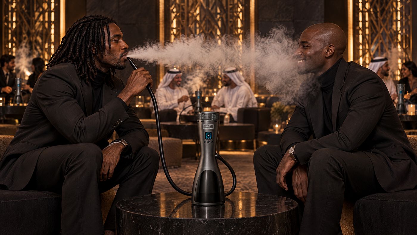 Two men in black suits facing each other across SHARQ