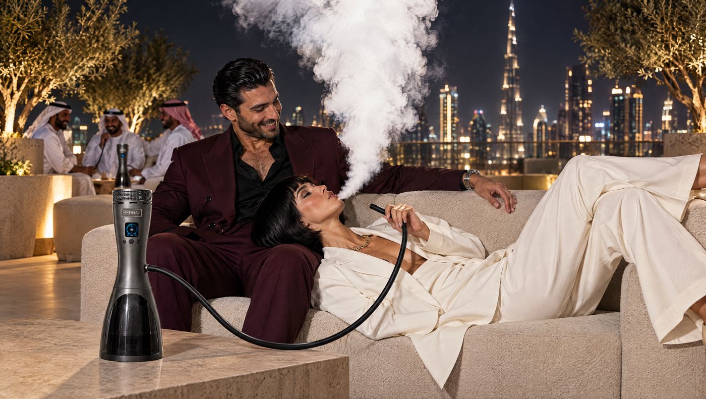 Woman blowing a large cloud on a Dubai rooftop