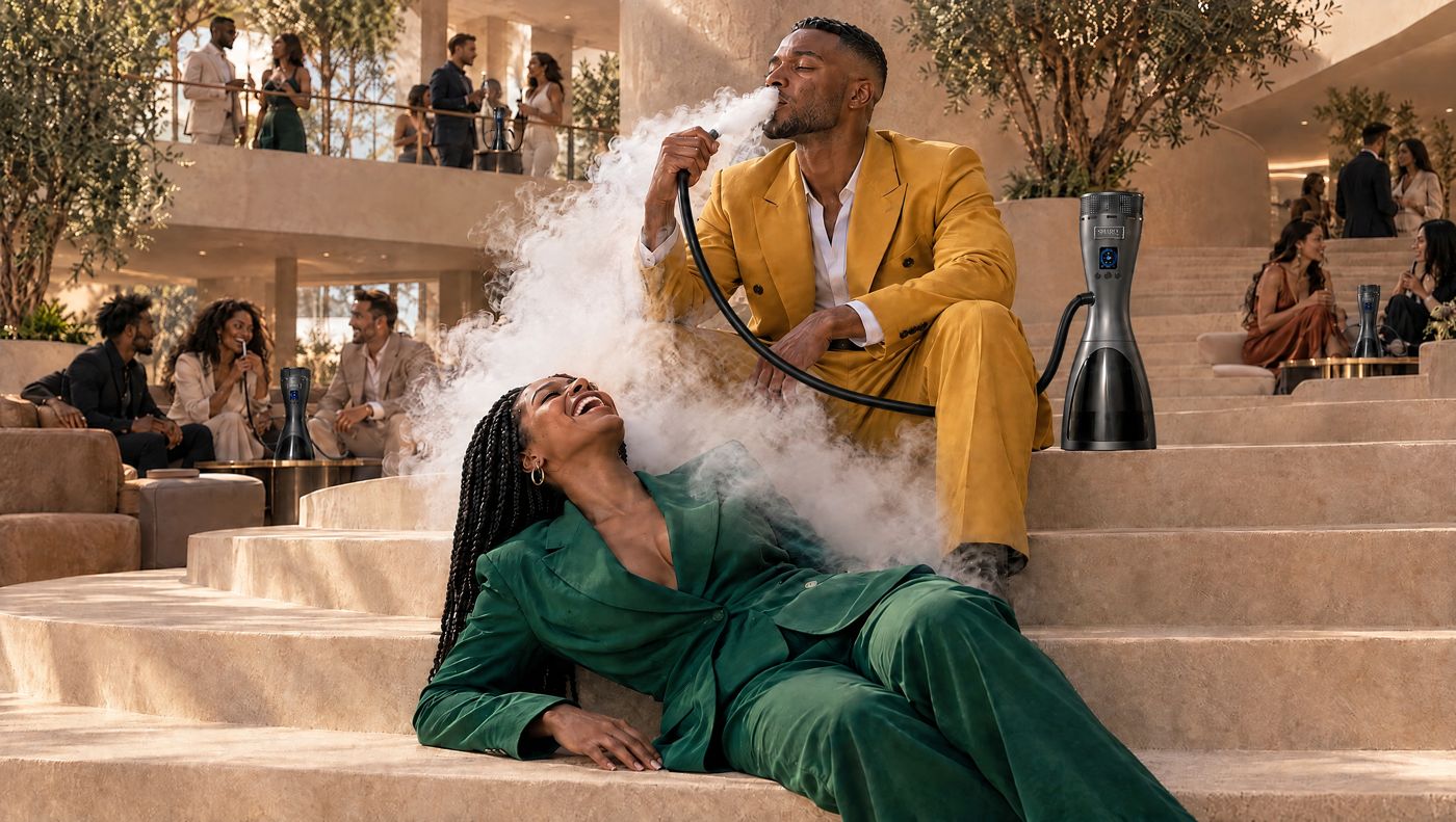 Man in a mustard suit exhaling vapour over a woman on a stone staircase