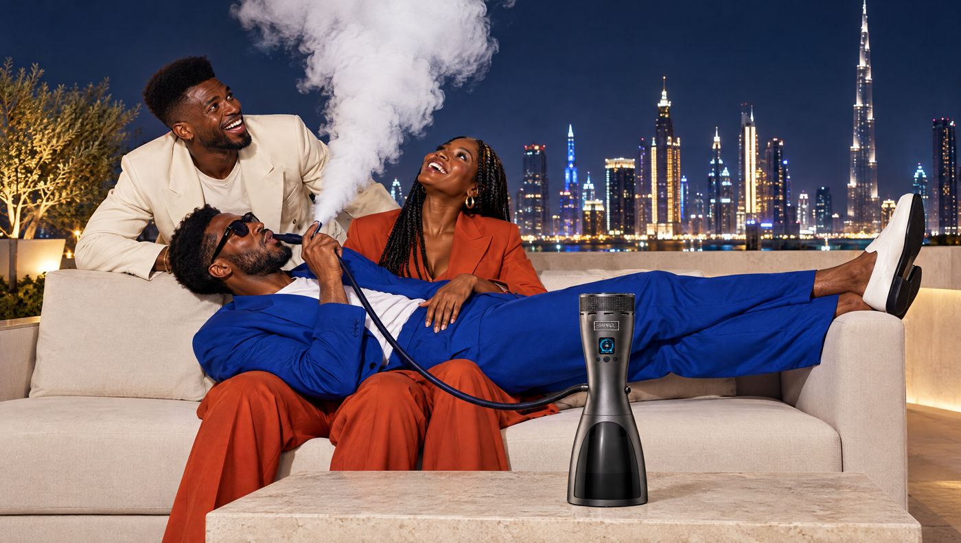Friends on a rooftop sofa sharing SHARQ